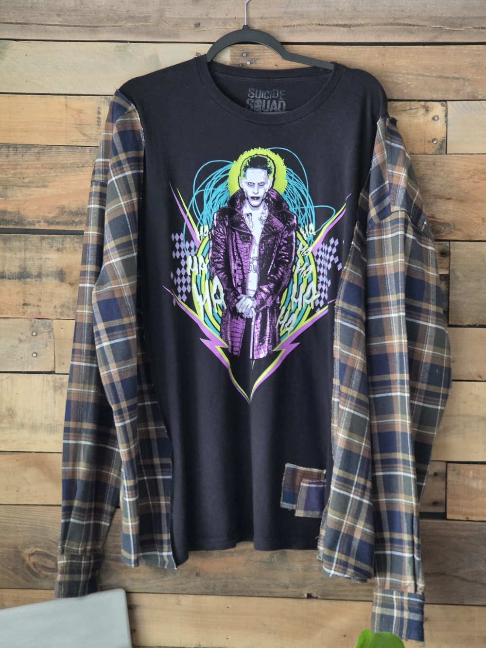 Upcycled Suicide Squad Black Graphic T-shirt With Long  Flannel-Sleeve